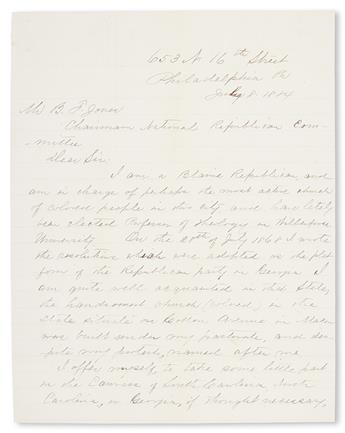 (POLITICS.) STEWARD, THEOPHILUS G. Autograph Letter Signed to B. F. Jones, chairman of the Republican National Committee.